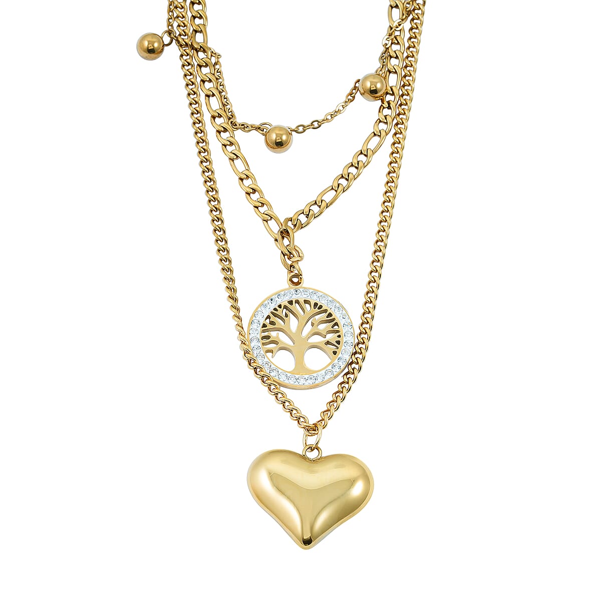 Austrian Crystal 3 Layered Heart and Tree of Life Charm Necklace with 2 Inch Extender (16, 18 and 22 Inches) in ION Plated YG Stainless Steel image number 0
