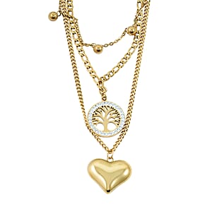 Austrian Crystal 3 Layered Heart and Tree of Life Charm Necklace with 2 Inch Extender (16, 18 and 22 Inches) in ION Plated YG Stainless Steel