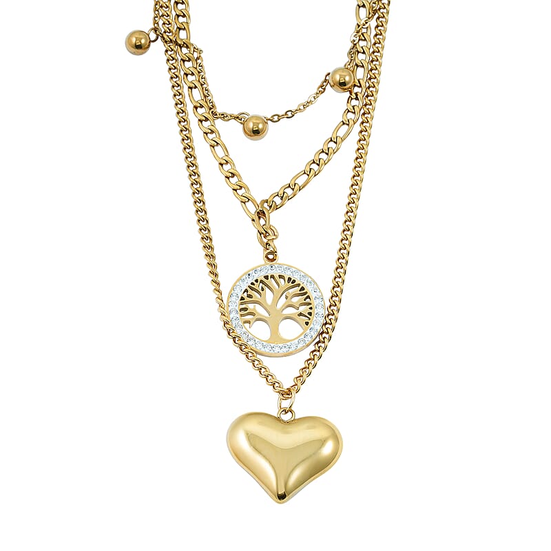 Austrian Crystal 3 Layered Heart and Tree of Life Charm Necklace with 2 Inch Extender (16, 18 and 22 Inches) in ION Plated YG Stainless Steel