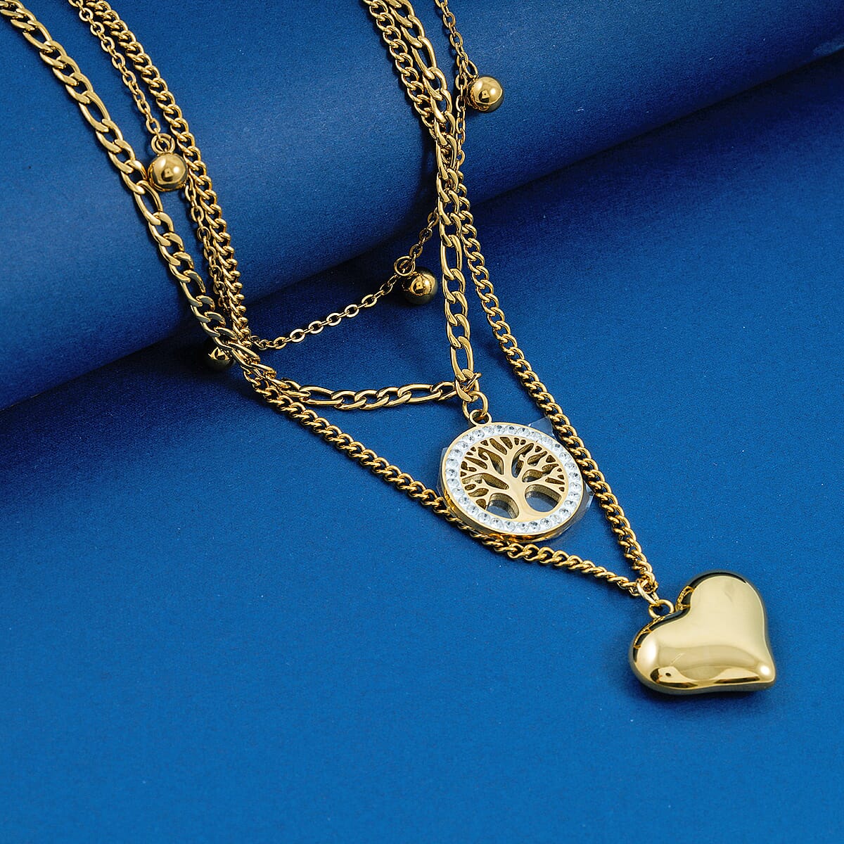 Austrian Crystal 3 Layered Heart and Tree of Life Charm Necklace with 2 Inch Extender (16, 18 and 22 Inches) in ION Plated YG Stainless Steel image number 1