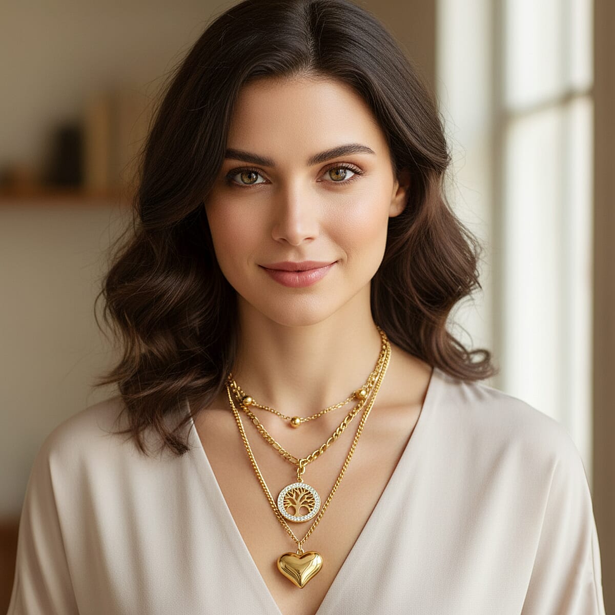 Austrian Crystal 3 Layered Heart and Tree of Life Charm Necklace with 2 Inch Extender (16, 18 and 22 Inches) in ION Plated YG Stainless Steel image number 2