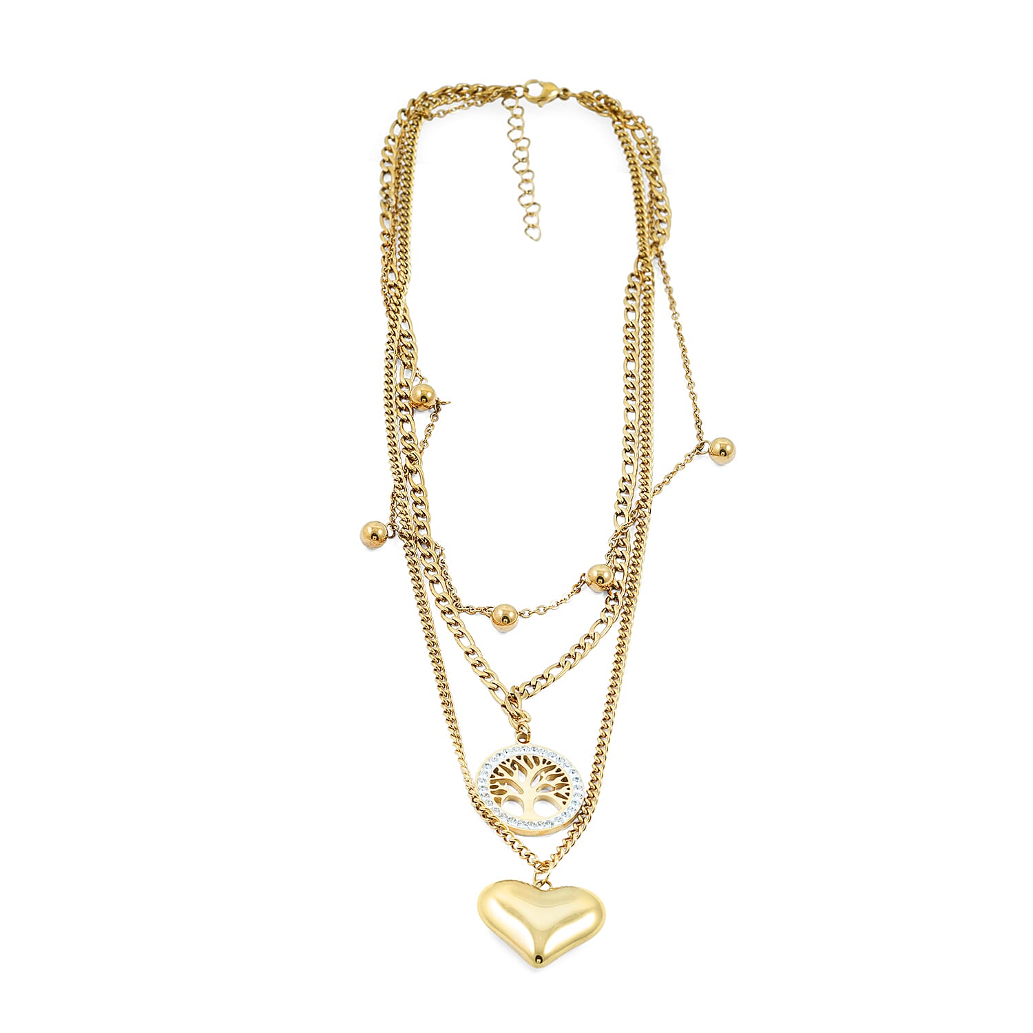 Austrian Crystal 3 Layered Heart and Tree of Life Charm Necklace with 2 Inch Extender (16, 18 and 22 Inches) in ION Plated YG Stainless Steel