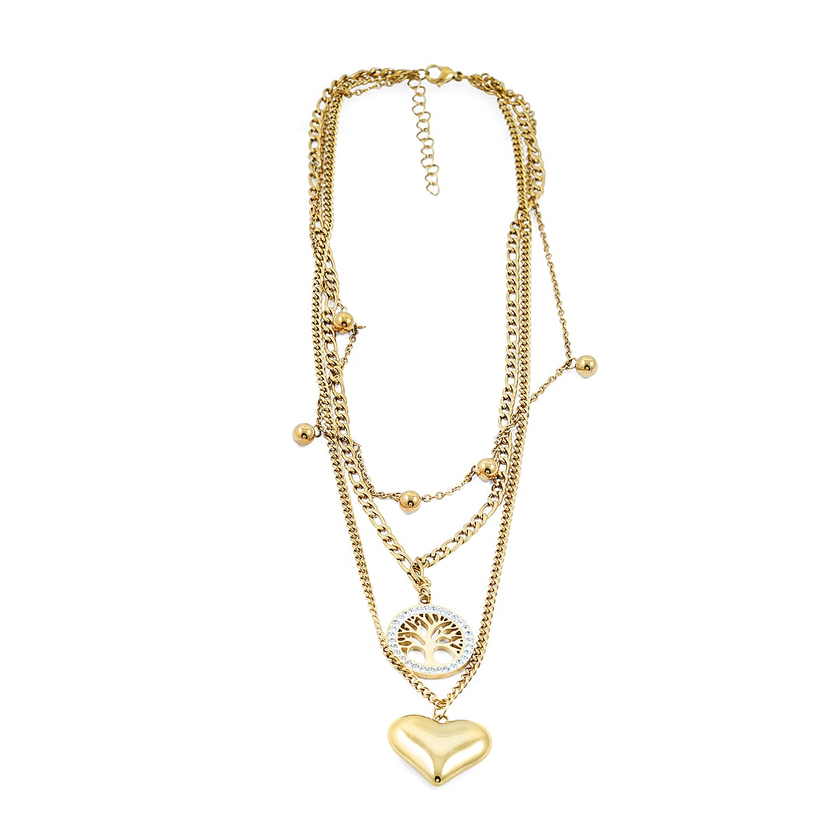 Austrian Crystal 3 Layered Heart and Tree of Life Charm Necklace with 2 Inch Extender (16, 18 and 22 Inches) in ION Plated YG Stainless Steel image number 3