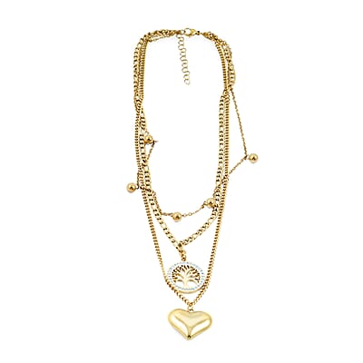 Austrian Crystal 3 Layered Heart and Tree of Life Charm Necklace with 2 Inch Extender (16, 18 and 22 Inches) in ION Plated YG Stainless Steel