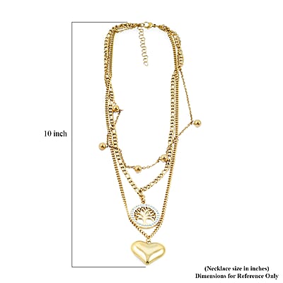 Austrian Crystal 3 Layered Heart and Tree of Life Charm Necklace with 2 Inch Extender (16, 18 and 22 Inches) in ION Plated YG Stainless Steel