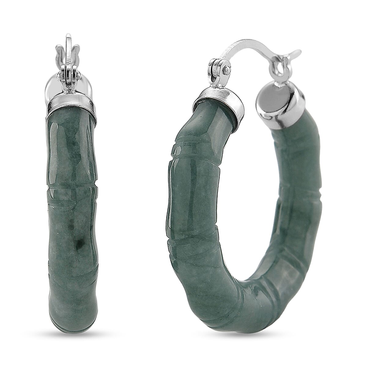 D'Joy Natural Olmec Jadeite 40.00 ctw Bamboo Hoop Earrings in Rhodium Over Sterling Silver