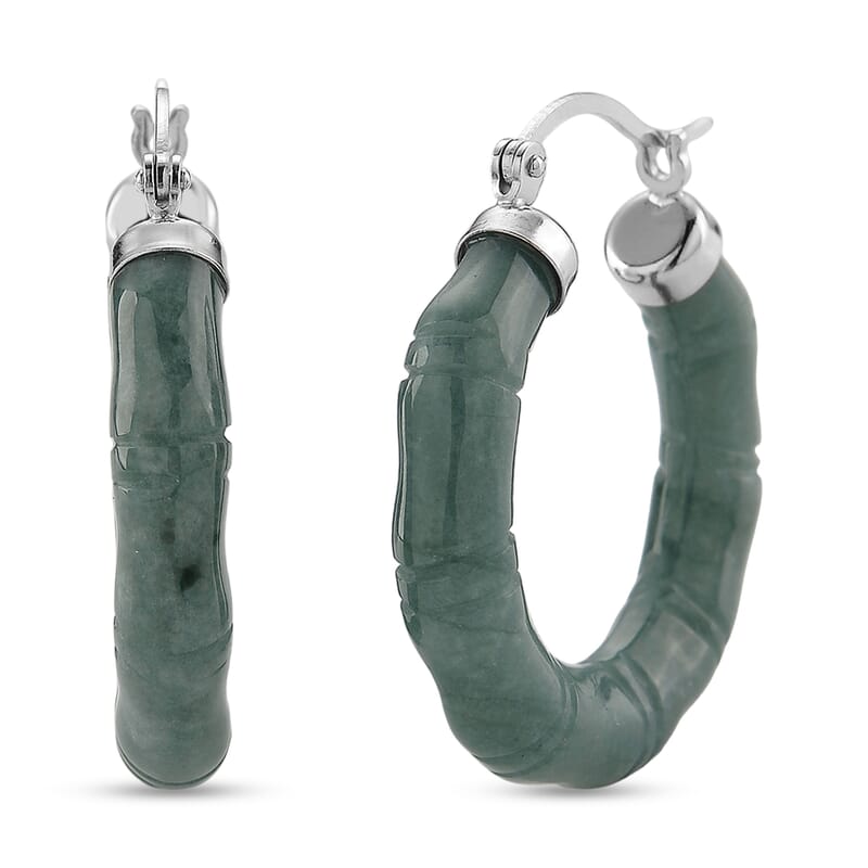 D'Joy Natural Olmec Jadeite 40.00 ctw Bamboo Hoop Earrings in Rhodium Over Sterling Silver