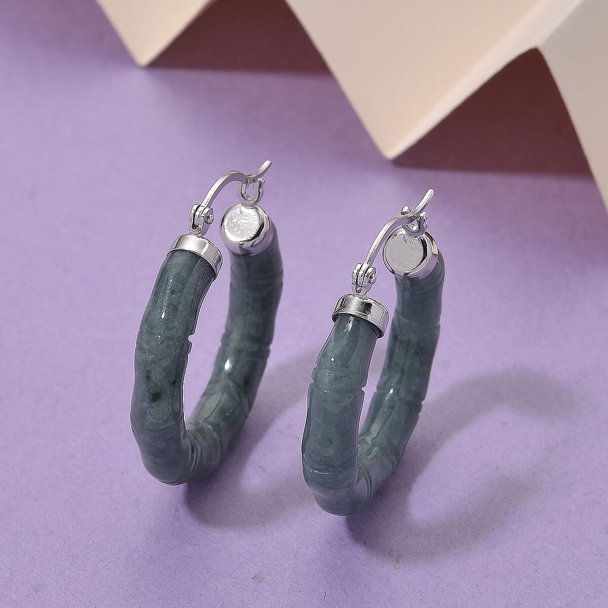 D'Joy Natural Olmec Jadeite 40.00 ctw Bamboo Hoop Earrings in Rhodium Over Sterling Silver image number 1