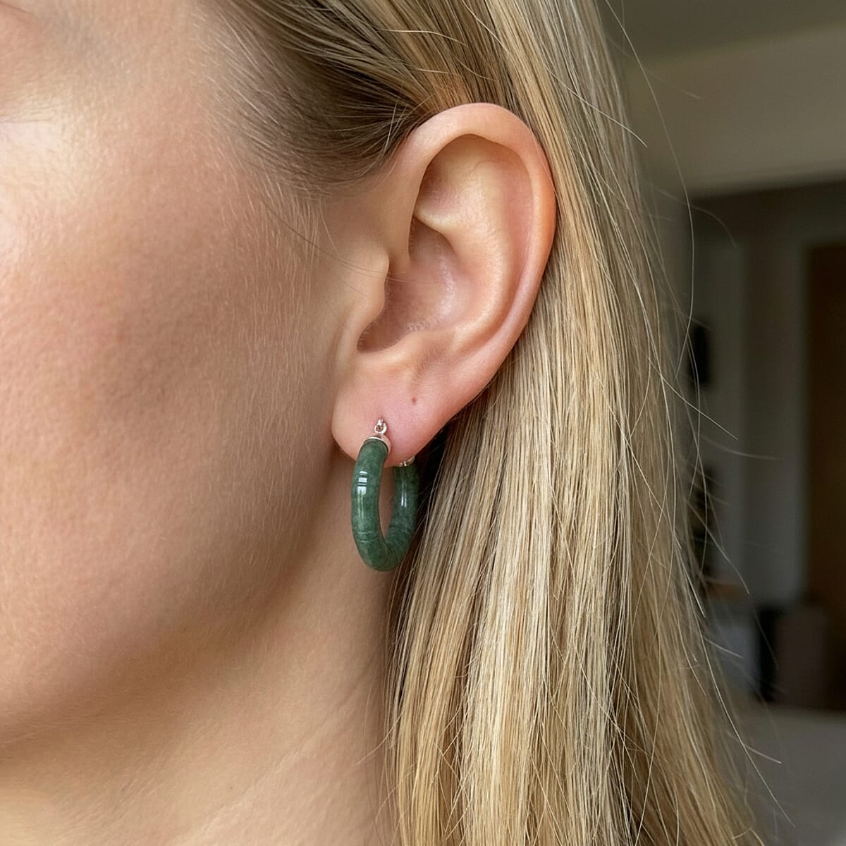 D'Joy Natural Olmec Jadeite 40.00 ctw Bamboo Hoop Earrings in Rhodium Over Sterling Silver image number 2