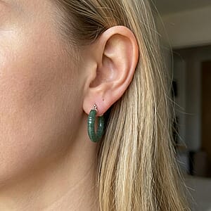 D'Joy Natural Olmec Jadeite 40.00 ctw Bamboo Hoop Earrings in Rhodium Over Sterling Silver