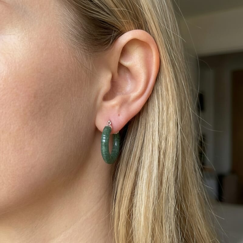 D'Joy Natural Olmec Jadeite 40.00 ctw Bamboo Hoop Earrings in Rhodium Over Sterling Silver
