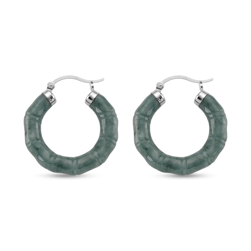 D'Joy Natural Olmec Jadeite 40.00 ctw Bamboo Hoop Earrings in Rhodium Over Sterling Silver