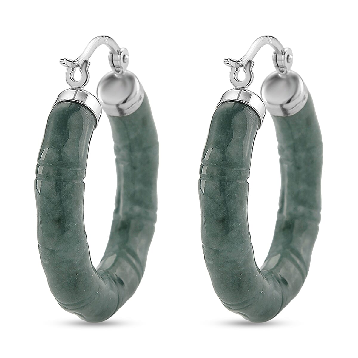D'Joy Natural Olmec Jadeite 40.00 ctw Bamboo Hoop Earrings in Rhodium Over Sterling Silver