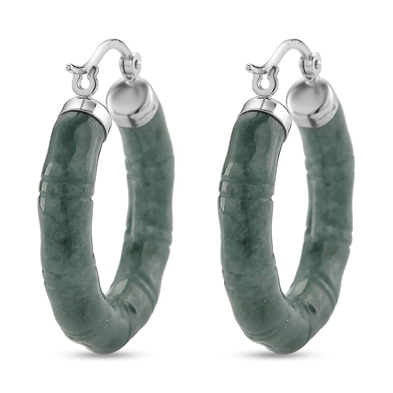 D'Joy Natural Olmec Jadeite 40.00 ctw Bamboo Hoop Earrings in Rhodium Over Sterling Silver