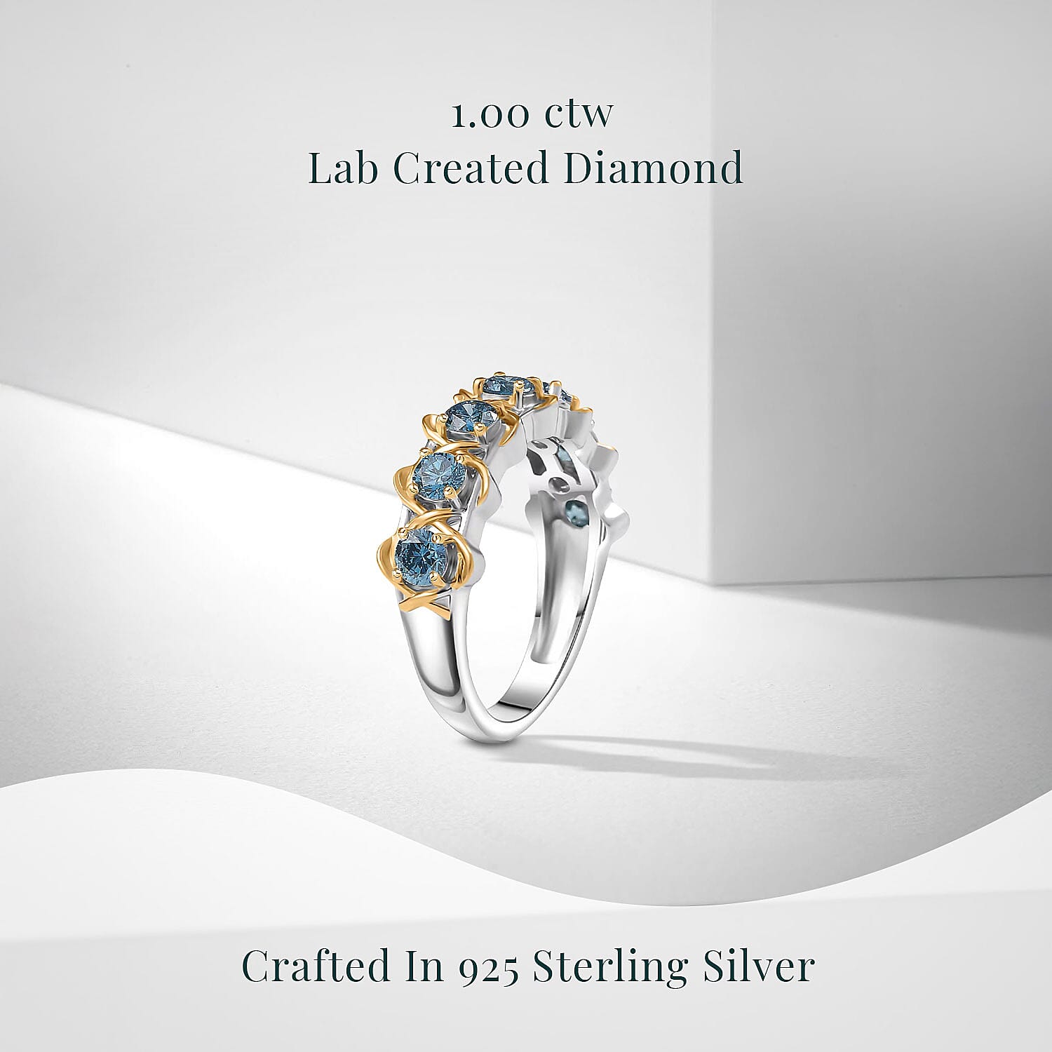 Luxuriant Lab Grown Blue Diamond (IR) SI 1.00 ctw Infinity Spark Ring in 18K Vermeil YG and Rhodium Over Sterling Silver (Size 7.0)