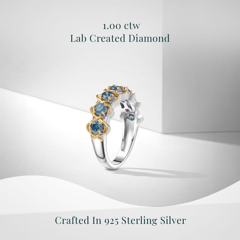 Luxuriant Lab Grown Blue Diamond (IR) SI 1.00 ctw Infinity Spark Ring in 18K Vermeil YG and Rhodium Over Sterling Silver (Size 8.0)