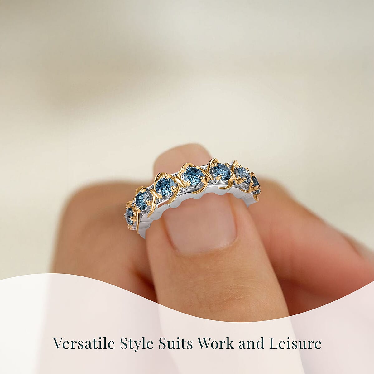 Luxuriant Lab Grown Blue Diamond (IR) SI 1.00 ctw Infinity Spark Ring in 18K Vermeil YG and Rhodium Over Sterling Silver (Size 8.0)  image number 5