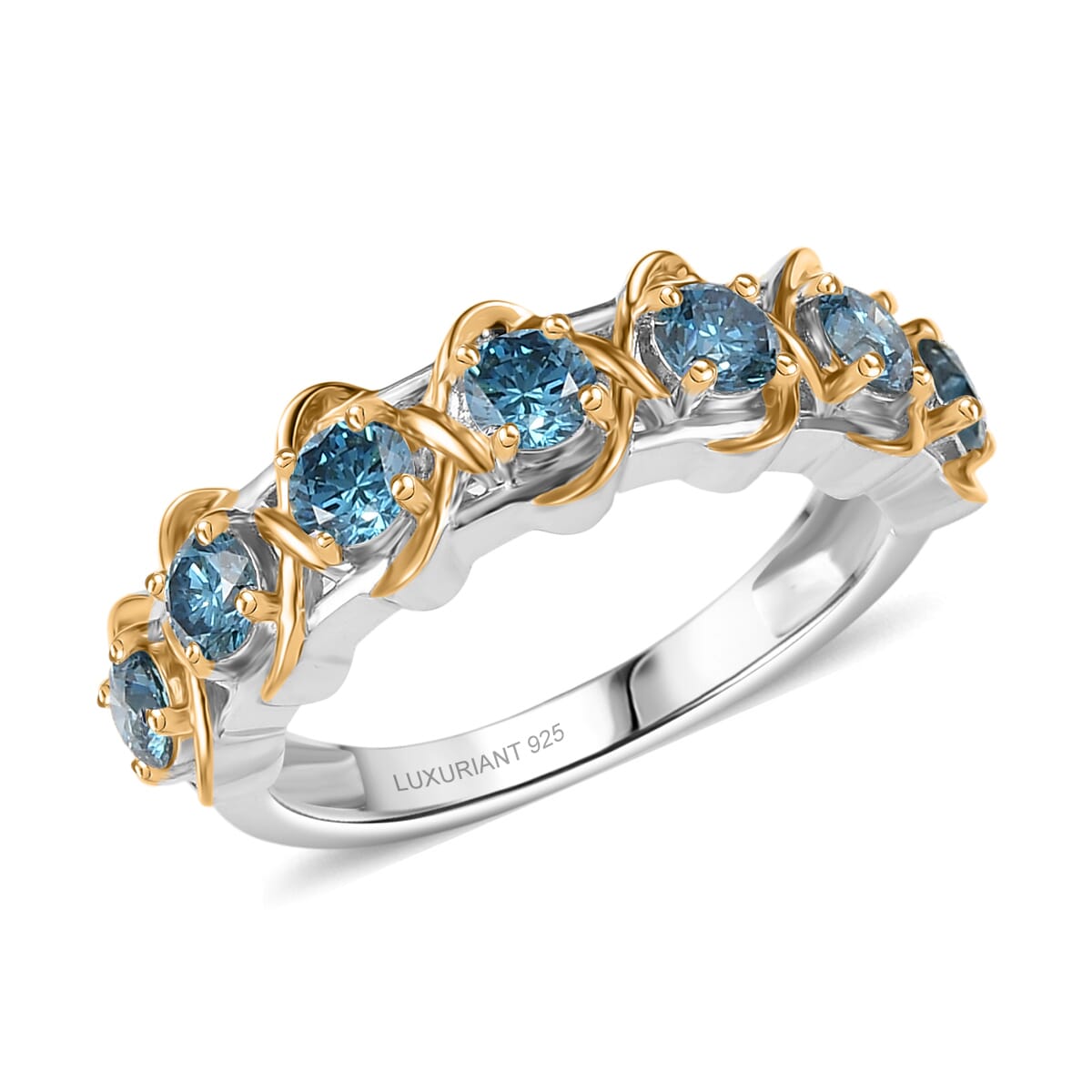 Luxuriant Lab Grown Blue Diamond 1.00 ctw Band Ring in 18K Vermeil YG and Rhodium Over Sterling Silver (Size 9.0)  image number 0