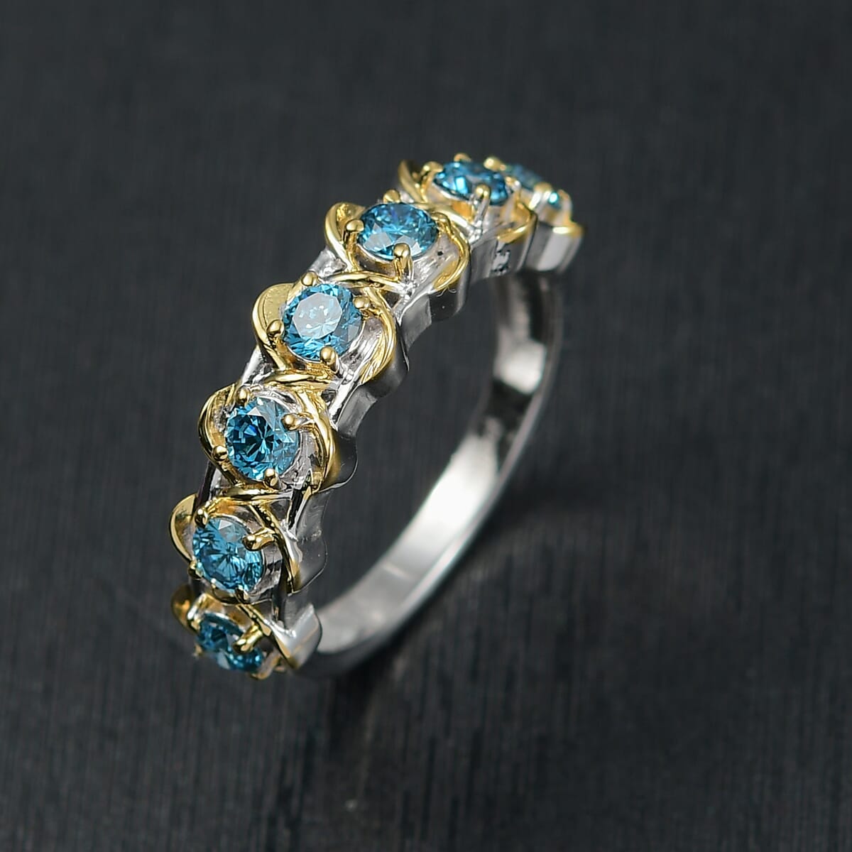 Luxuriant Lab Grown Blue Diamond 1.00 ctw Band Ring in 18K Vermeil YG and Rhodium Over Sterling Silver (Size 9.0)  image number 1