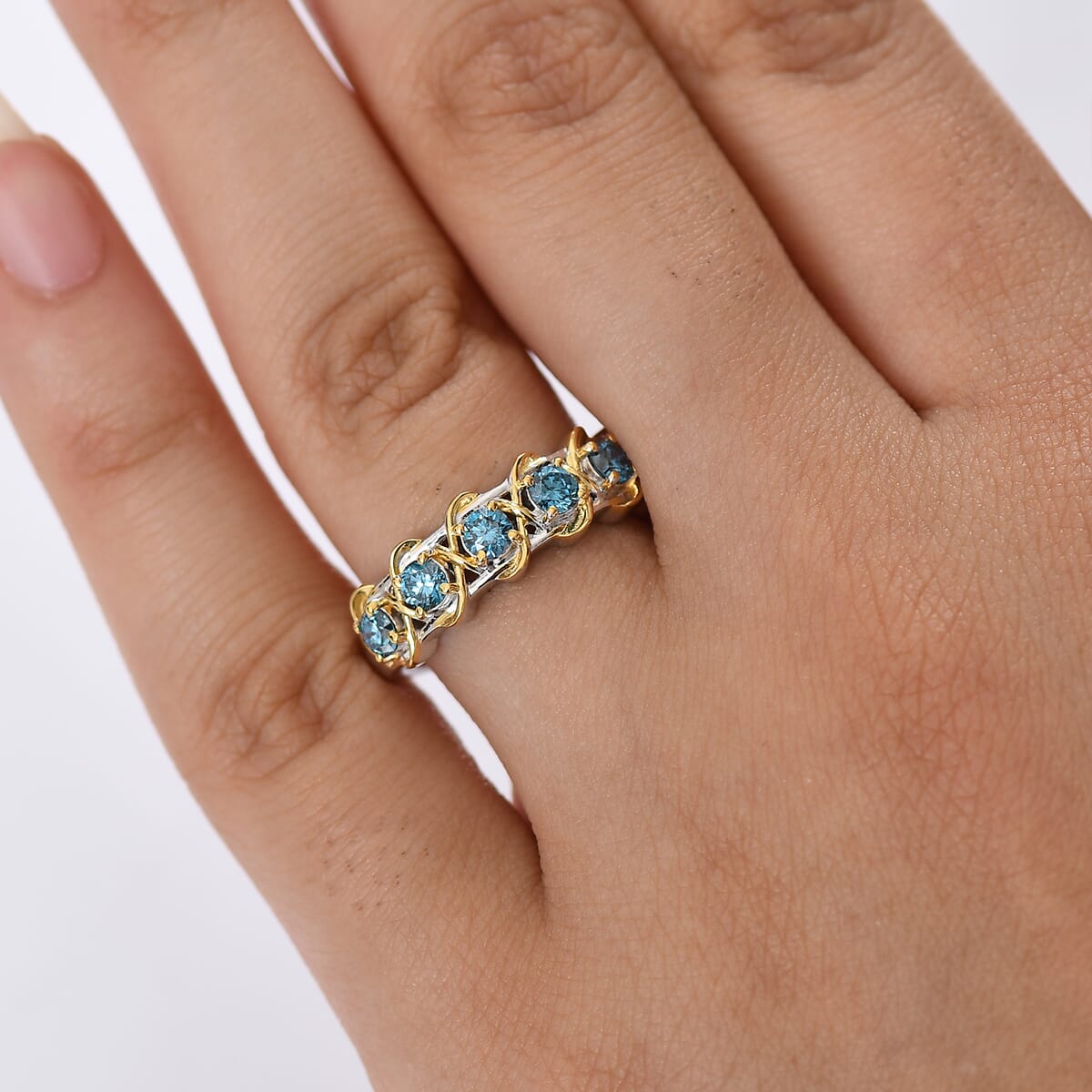 Luxuriant Lab Grown Blue Diamond 1.00 ctw Band Ring in 18K Vermeil YG and Rhodium Over Sterling Silver (Size 9.0)  image number 2