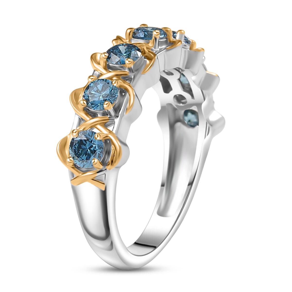 Luxuriant Lab Grown Blue Diamond 1.00 ctw Band Ring in 18K Vermeil YG and Rhodium Over Sterling Silver (Size 9.0)  image number 3