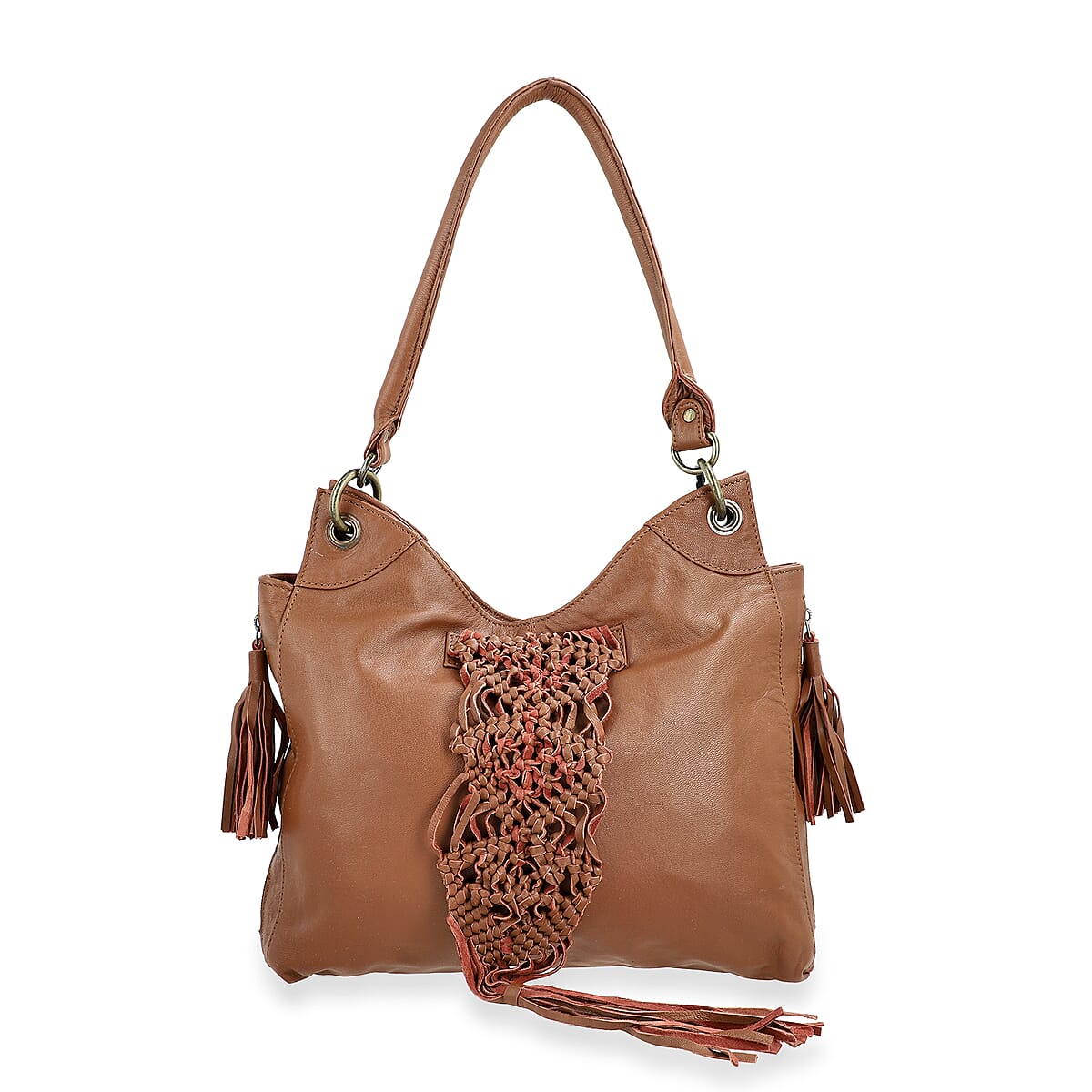La Marey Brown Genuine Leather Macrame Flap Tote Bag image number 0