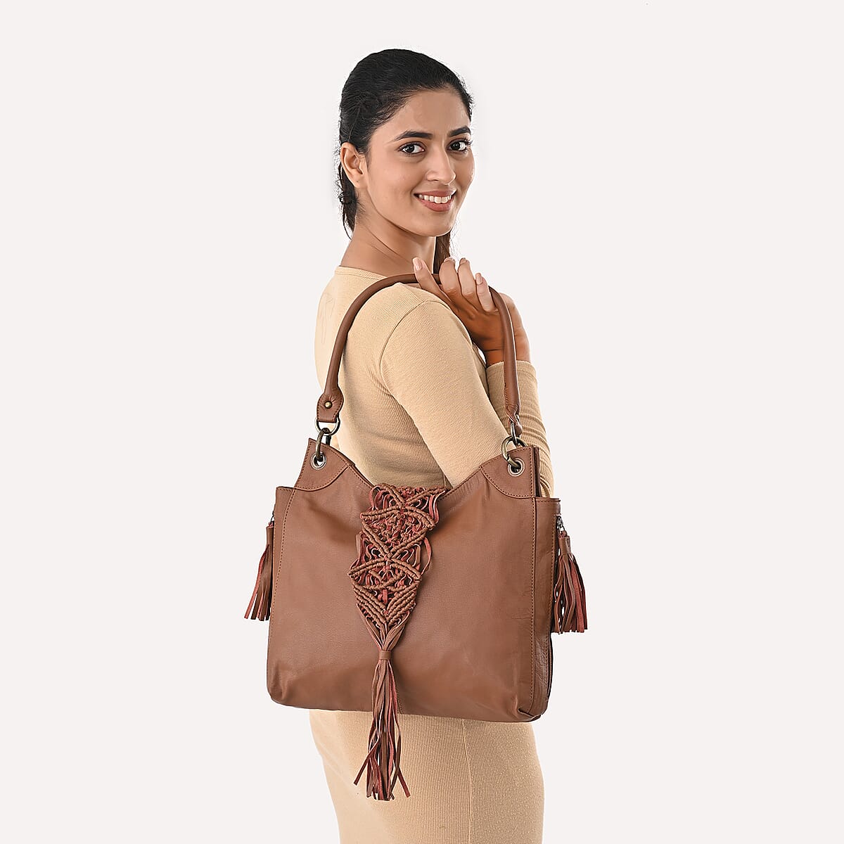 La Marey Brown Genuine Leather Macrame Flap Tote Bag image number 3