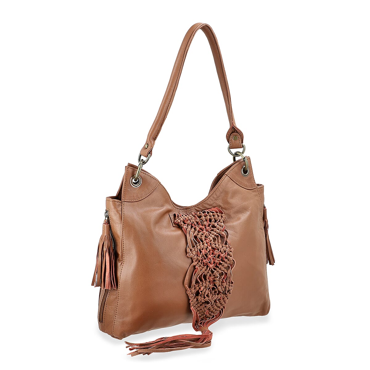 La Marey Brown Genuine Leather Macrame Flap Tote Bag image number 7