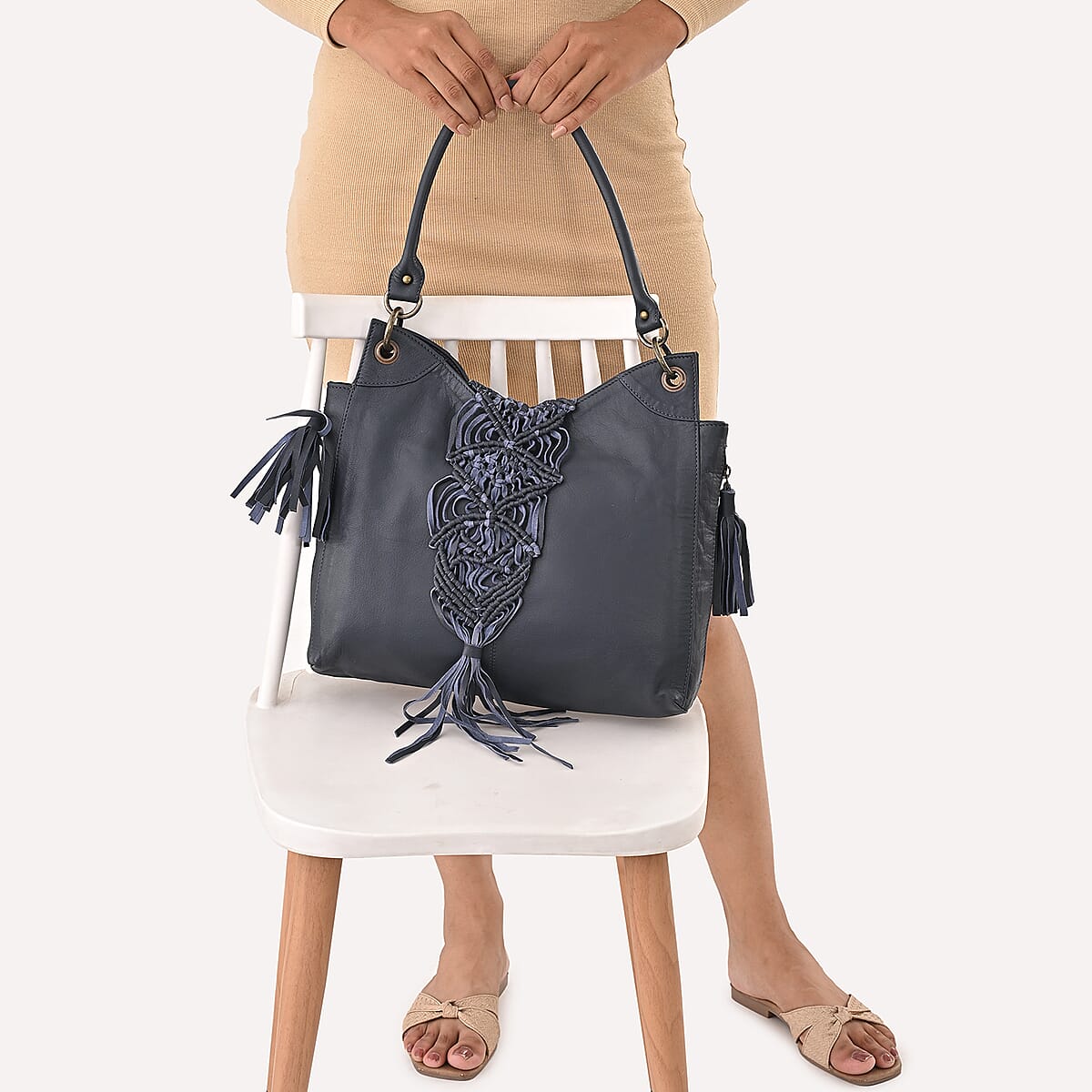 La Marey Blue Genuine Leather Macrame Flap Tote Bag image number 2