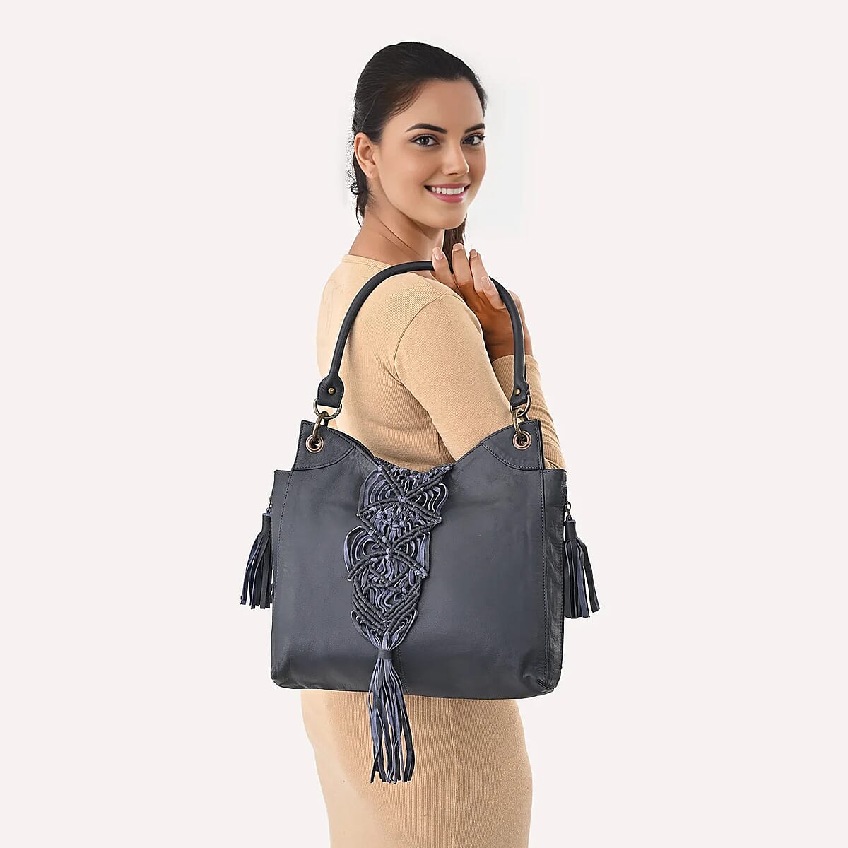 La Marey Blue Genuine Leather Macrame Flap Tote Bag image number 3