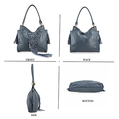 La Marey Blue Genuine Leather Macrame Flap Tote Bag