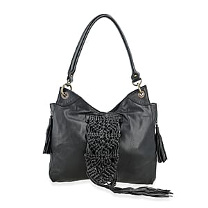 La Marey Black Genuine Leather Macrame Flap Tote Bag