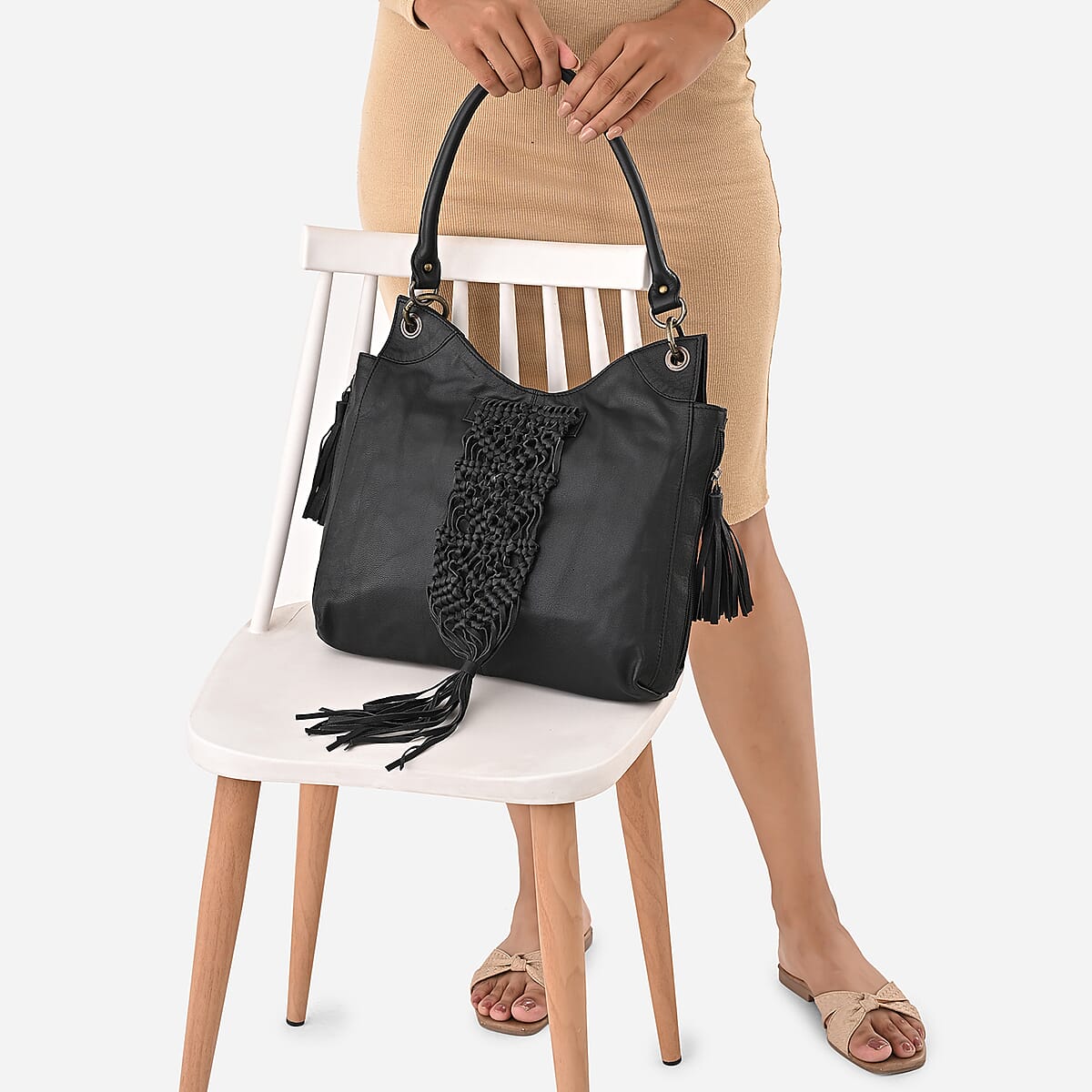 La Marey Black Genuine Leather Macrame Flap Tote Bag image number 2