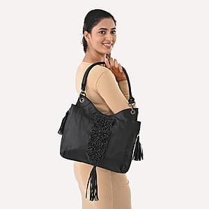 La Marey Black Genuine Leather Macrame Flap Tote Bag
