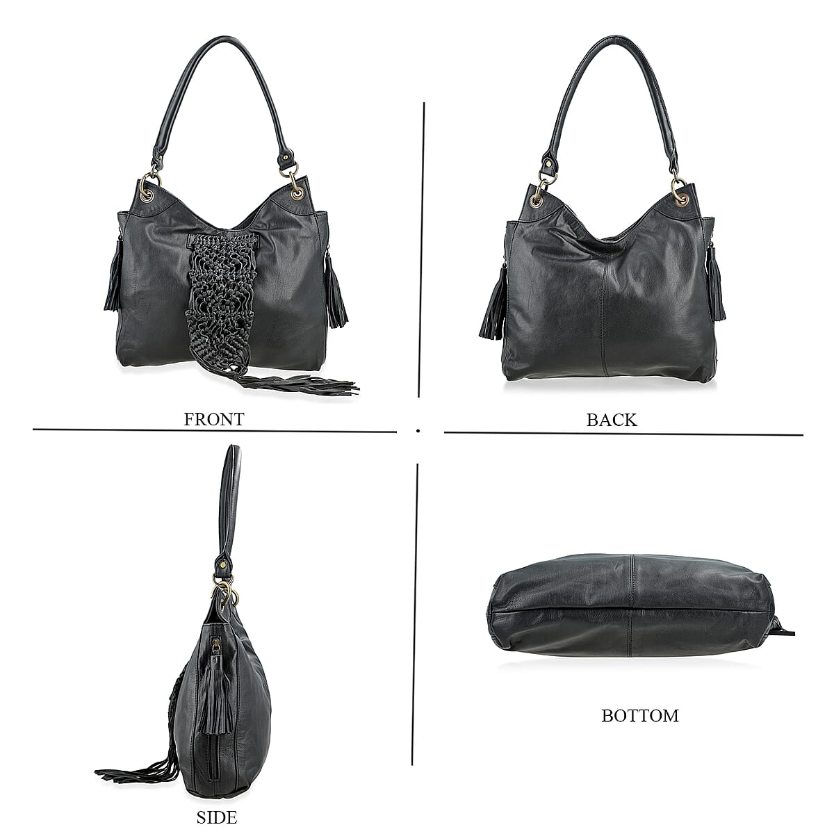 La Marey Black Genuine Leather Macrame Flap Tote Bag image number 4