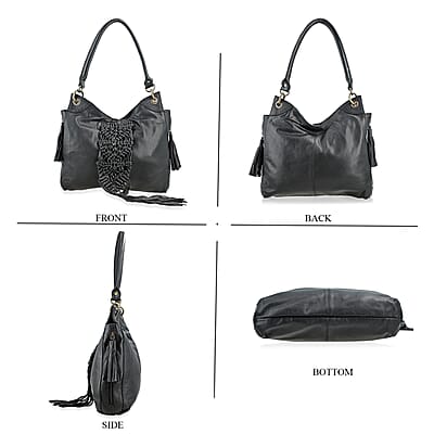La Marey Black Genuine Leather Macrame Flap Tote Bag