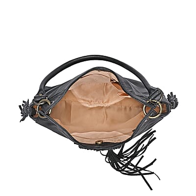 La Marey Black Genuine Leather Macrame Flap Tote Bag