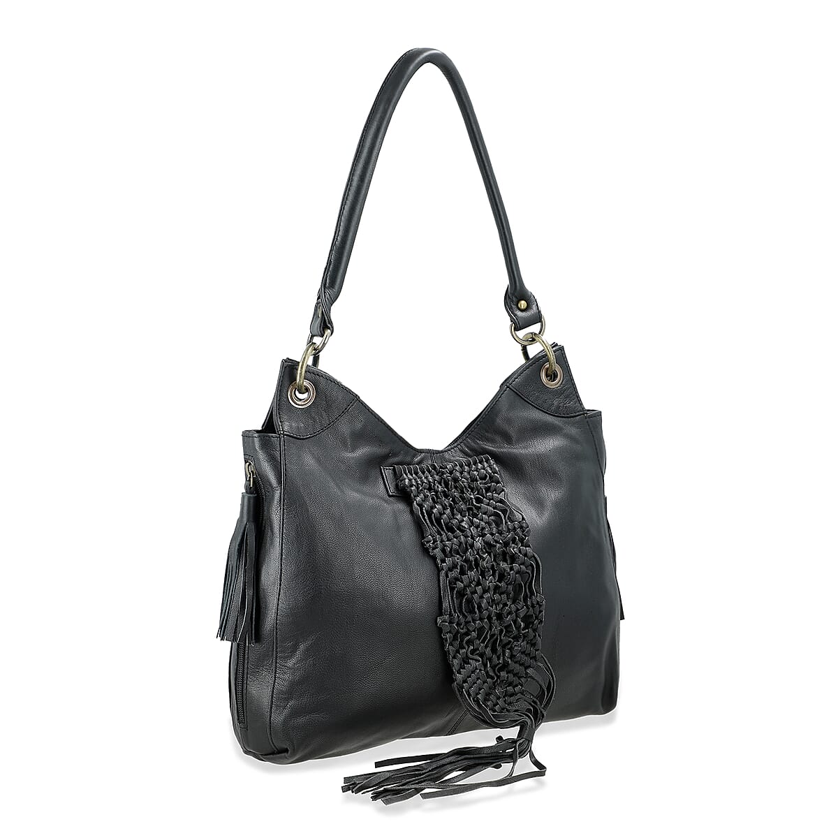 La Marey Black Genuine Leather Macrame Flap Tote Bag image number 7