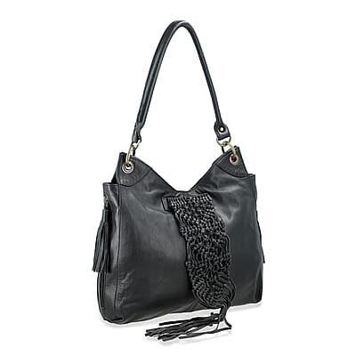 La Marey Black Genuine Leather Macrame Flap Tote Bag