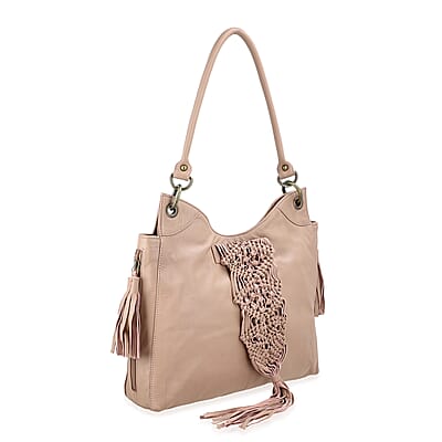 La Marey Pink Genuine Leather Macrame Flap Tote Bag