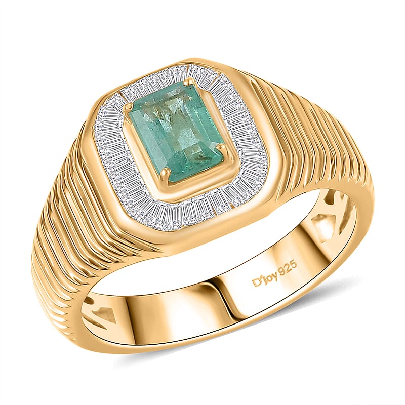 D’Joy Premium Kegem Zambian Emerald and Diamond 1.35 ctw Art Deco Men's Ring in 18K Vermeil Yellow Gold Over Sterling Silver (Size 10.0)