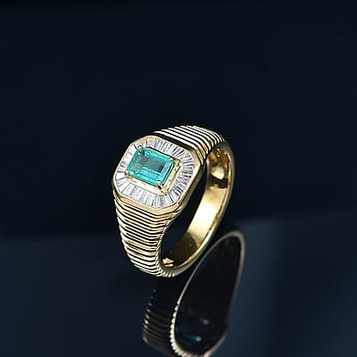 D’Joy Premium Kegem Zambian Emerald and Diamond 1.35 ctw Art Deco Men's Ring in 18K Vermeil Yellow Gold Over Sterling Silver (Size 10.0)