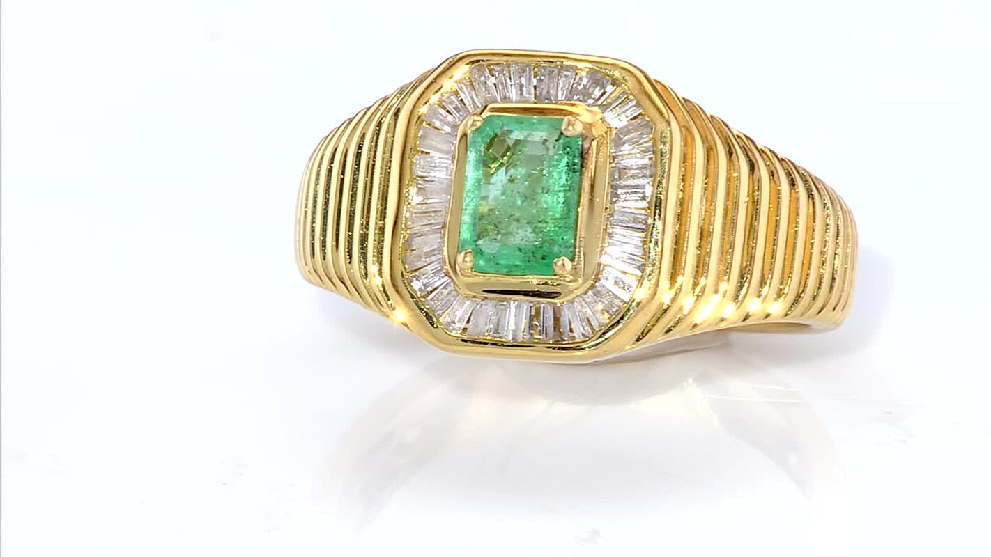 D’Joy Premium Kegem Zambian Emerald, Diamond Art Deco Men's Ring in 18K Vermeil YG Over Sterling Silver (Size 10.0) 1.35 ctw