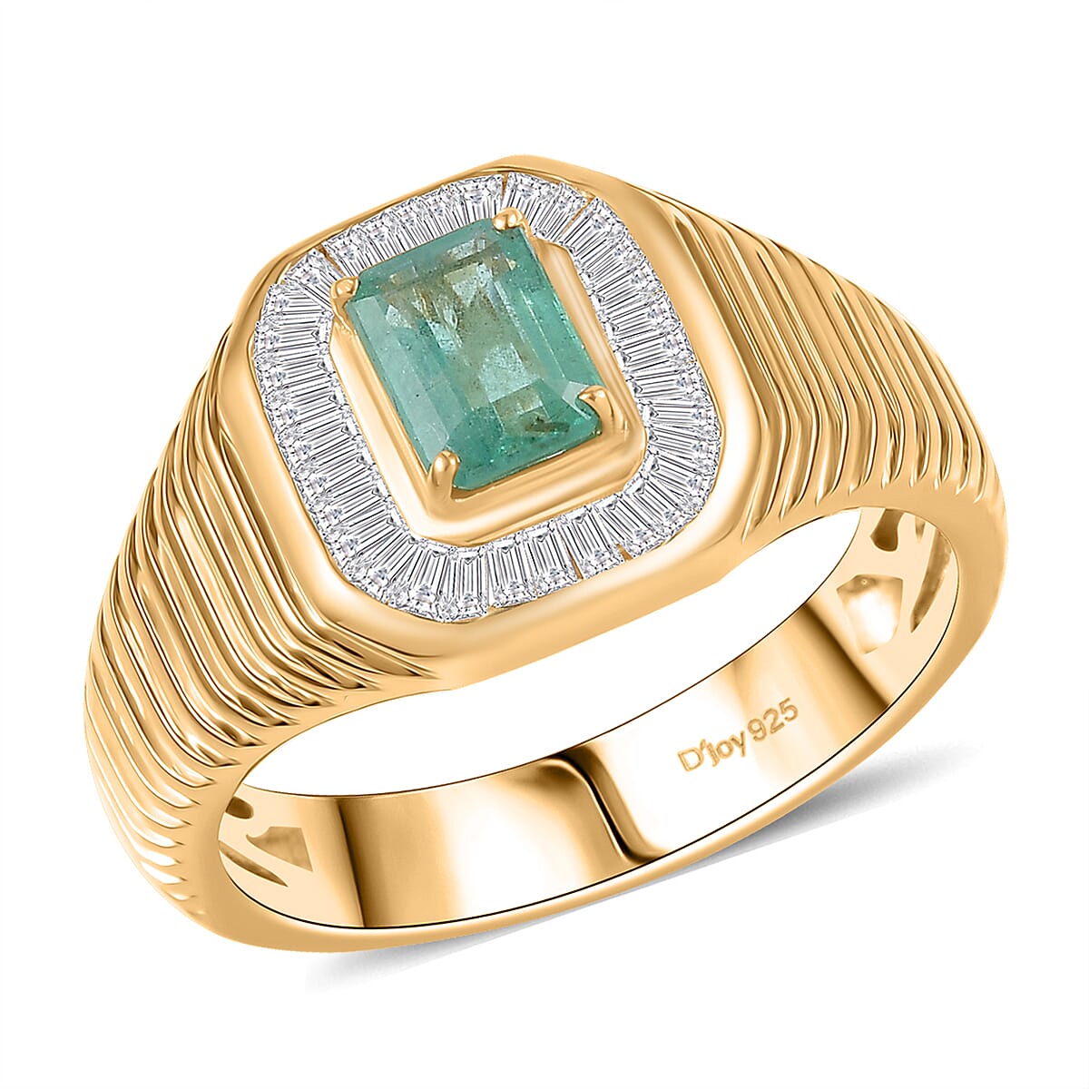 D'Joy Premium Kegem Zambian Emerald and Diamond 1.35 ctw Art Deco Men's Ring in 18K Vermeil Yellow Gold Over Sterling Silver (Size 11.0)  image number 0