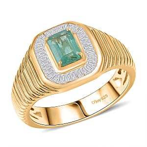 D'Joy Premium Kegem Zambian Emerald and Diamond 1.35 ctw Art Deco Men's Ring in 18K Vermeil Yellow Gold Over Sterling Silver (Size 11.0) 