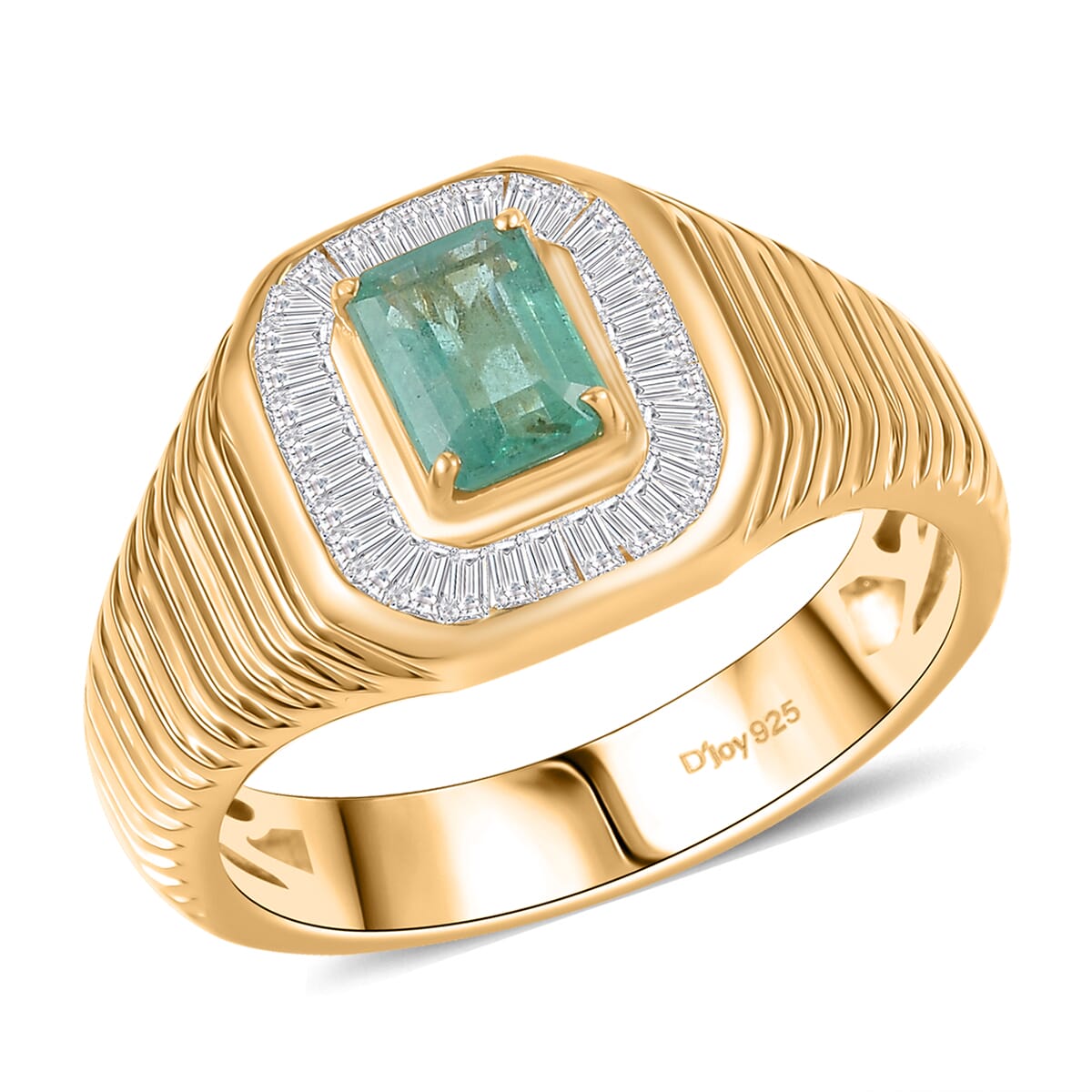 D’Joy Premium Kegem Zambian Emerald and Diamond 1.35 ctw Art Deco Men's Ring in 18K Vermeil Yellow Gold Over Sterling Silver (Size 12.0)  image number 0