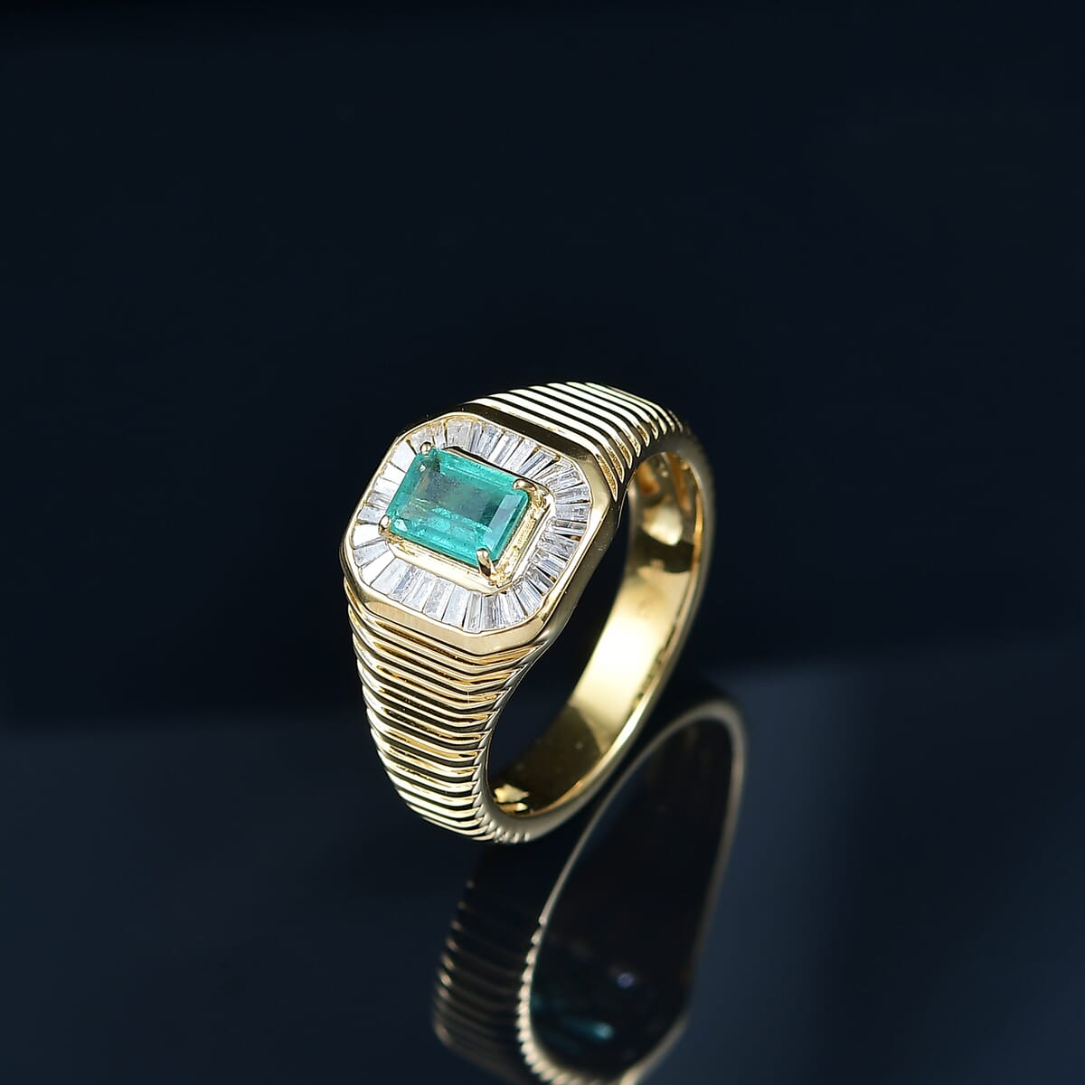 D’Joy Premium Kegem Zambian Emerald and Diamond 1.35 ctw Art Deco Men's Ring in 18K Vermeil Yellow Gold Over Sterling Silver (Size 12.0)  image number 1