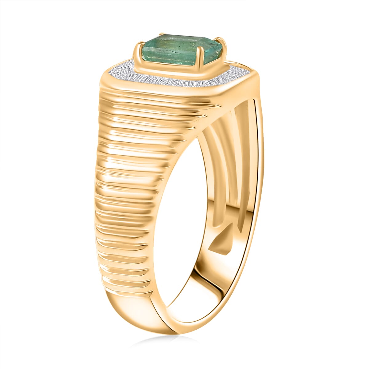 D’Joy Premium Kegem Zambian Emerald and Diamond 1.35 ctw Art Deco Men's Ring in 18K Vermeil Yellow Gold Over Sterling Silver (Size 12.0)  image number 3