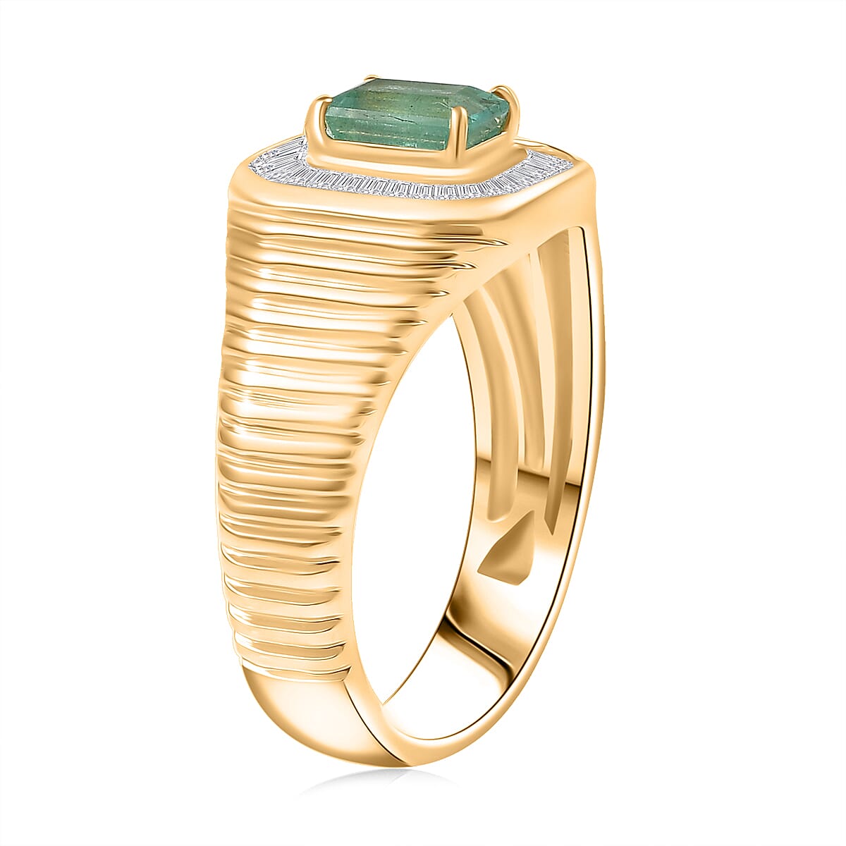 D'Joy Premium Kegem Zambian Emerald and Diamond 1.35 ctw Art Deco Men's Ring in 18K Vermeil Yellow Gold Over Sterling Silver (Size 9.0) image number 3