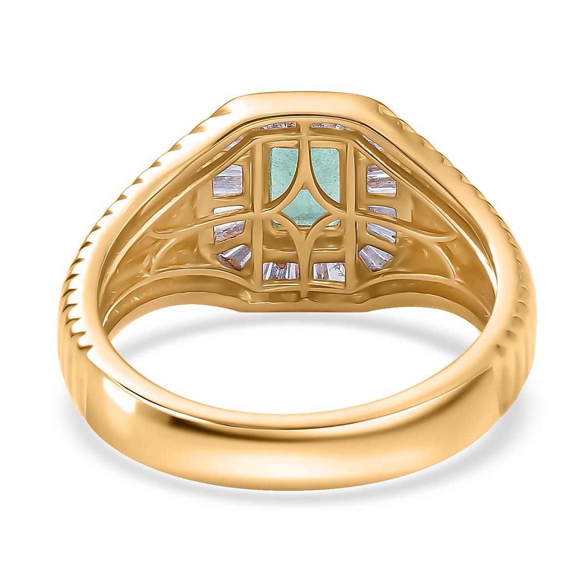 D'Joy Premium Kegem Zambian Emerald and Diamond 1.35 ctw Art Deco Men's Ring in 18K Vermeil Yellow Gold Over Sterling Silver (Size 9.0) image number 4